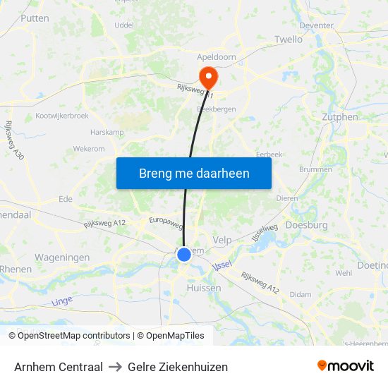 Arnhem Centraal to Gelre Ziekenhuizen map
