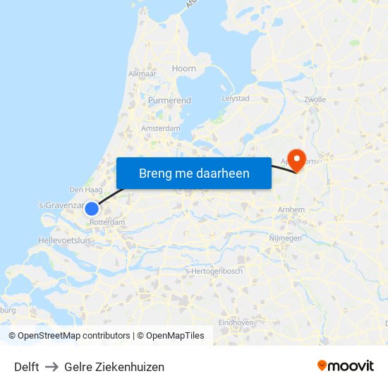 Delft to Gelre Ziekenhuizen map