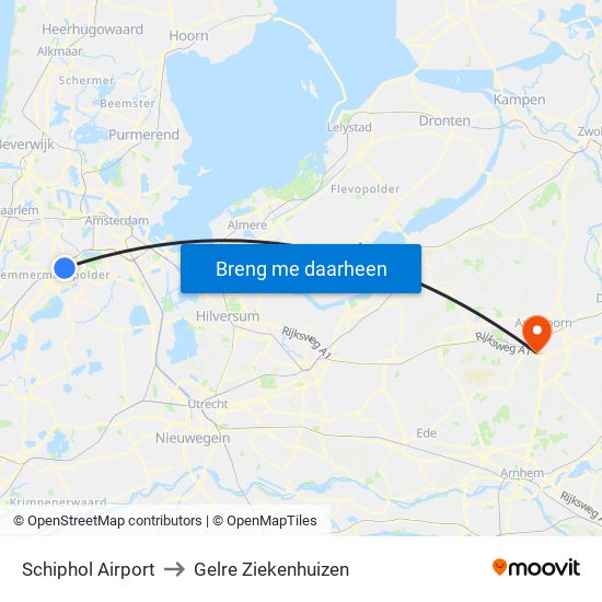Schiphol Airport to Gelre Ziekenhuizen map