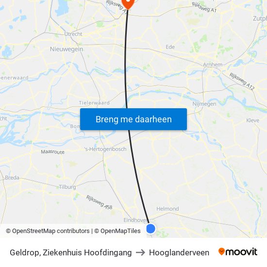 Geldrop, Ziekenhuis Hoofdingang to Hooglanderveen map