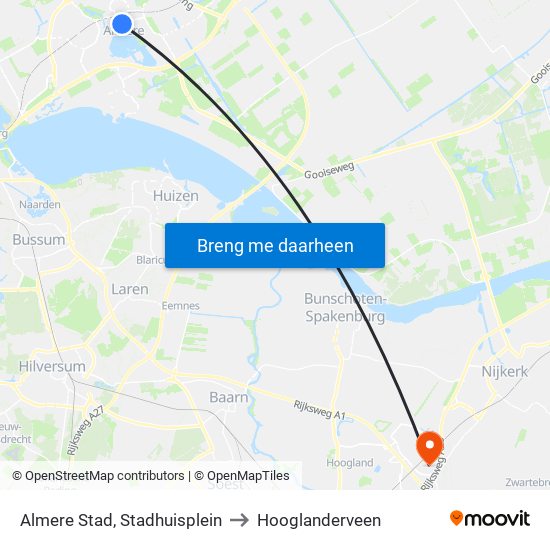 Almere Stad, Stadhuisplein to Hooglanderveen map