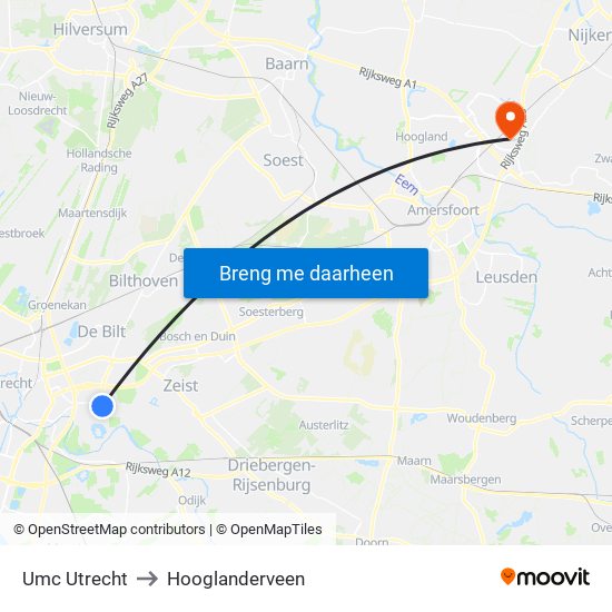 Umc Utrecht to Hooglanderveen map