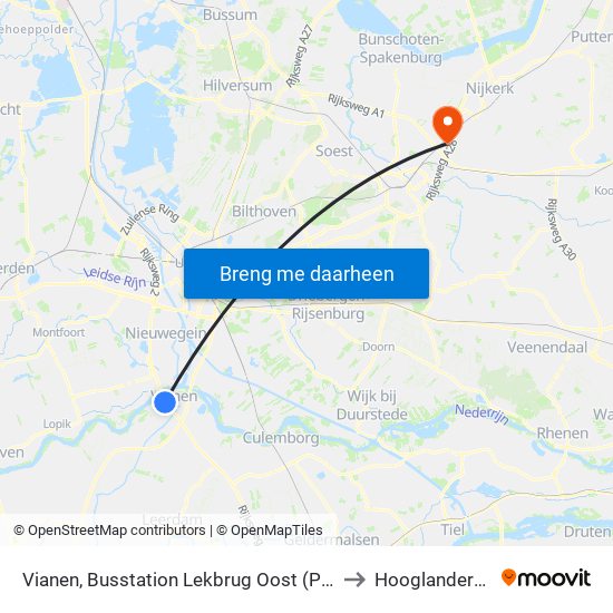 Vianen, Busstation Lekbrug Oost (Perron G) to Hooglanderveen map