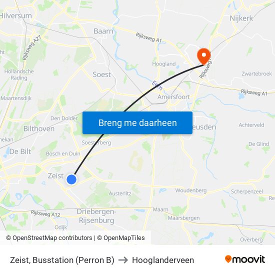 Zeist, Busstation (Perron B) to Hooglanderveen map