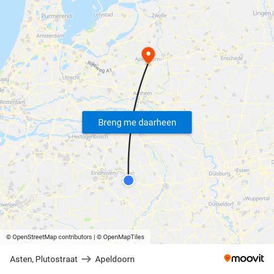 Asten, Plutostraat to Apeldoorn map