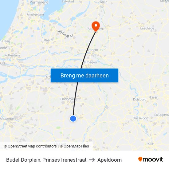 Budel-Dorplein, Prinses Irenestraat to Apeldoorn map
