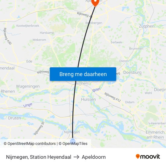 Nijmegen, Station Heyendaal to Apeldoorn map