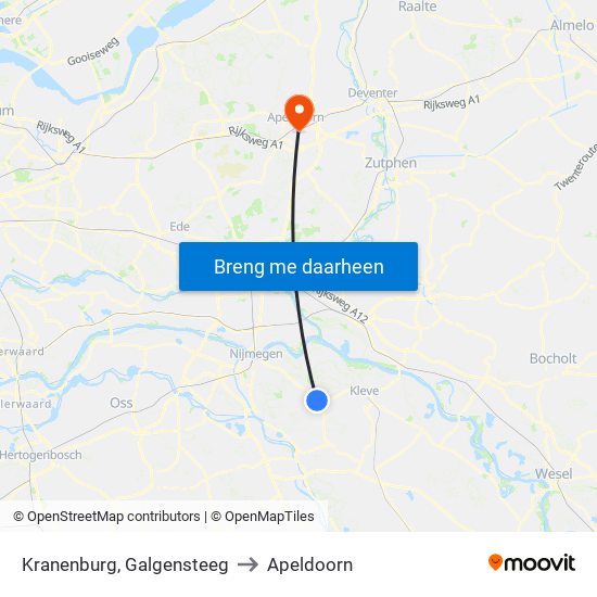 Kranenburg, Galgensteeg to Apeldoorn map