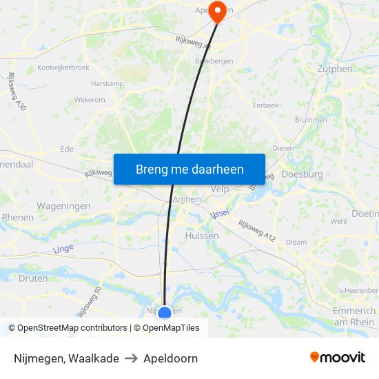 Nijmegen, Waalkade to Apeldoorn map