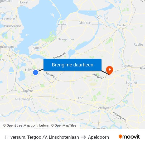 Hilversum, Tergooi/V. Linschotenlaan to Apeldoorn map