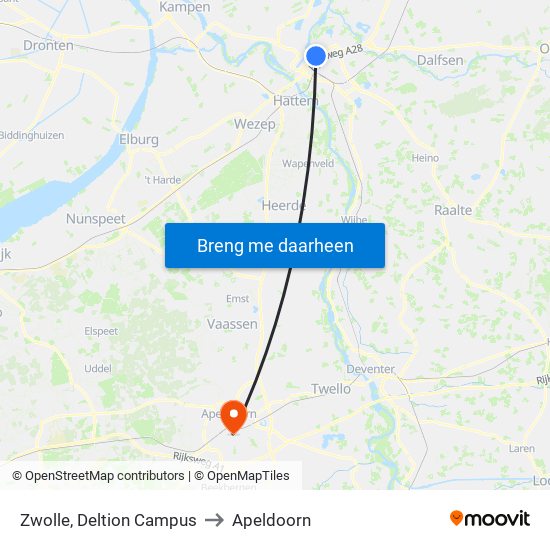 Zwolle, Deltion Campus to Apeldoorn map