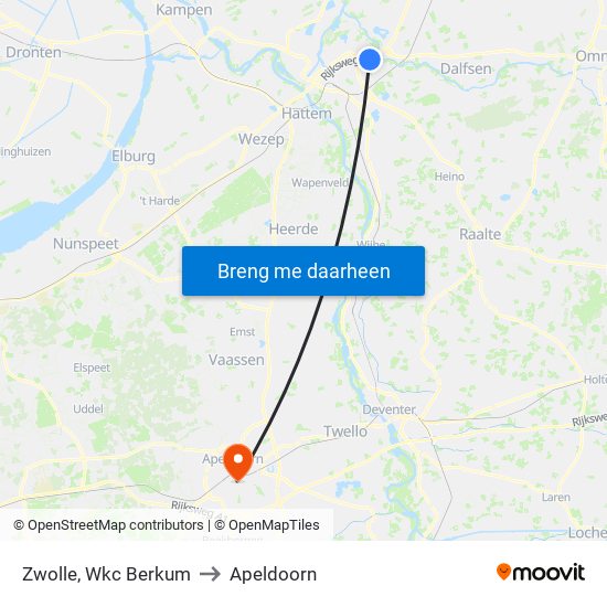 Zwolle, Wkc Berkum to Apeldoorn map