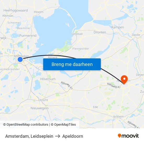 Amsterdam, Leidseplein to Apeldoorn map