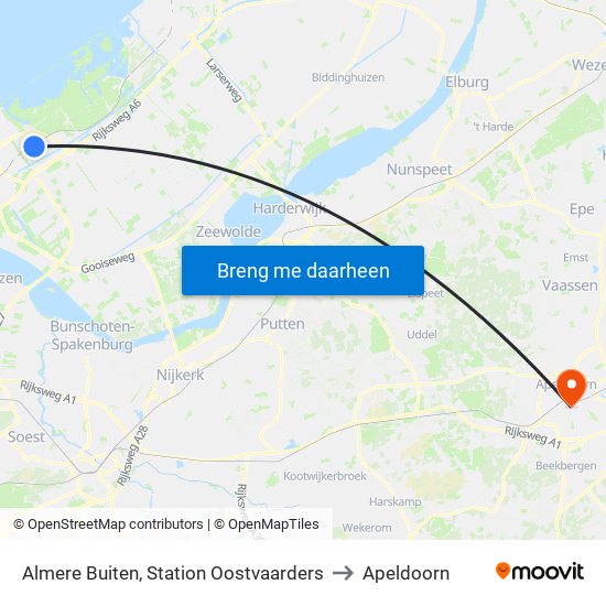 Almere Buiten, Station Oostvaarders to Apeldoorn map