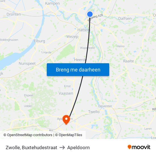 Zwolle, Buxtehudestraat to Apeldoorn map
