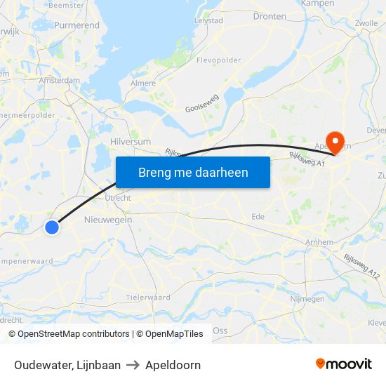 Oudewater, Lijnbaan to Apeldoorn map