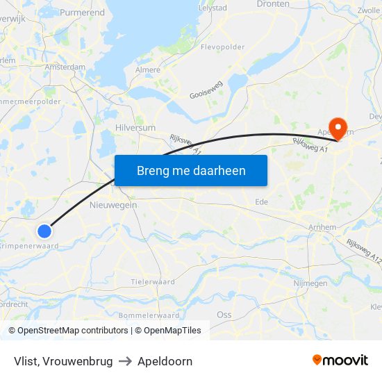 Vlist, Vrouwenbrug to Apeldoorn map
