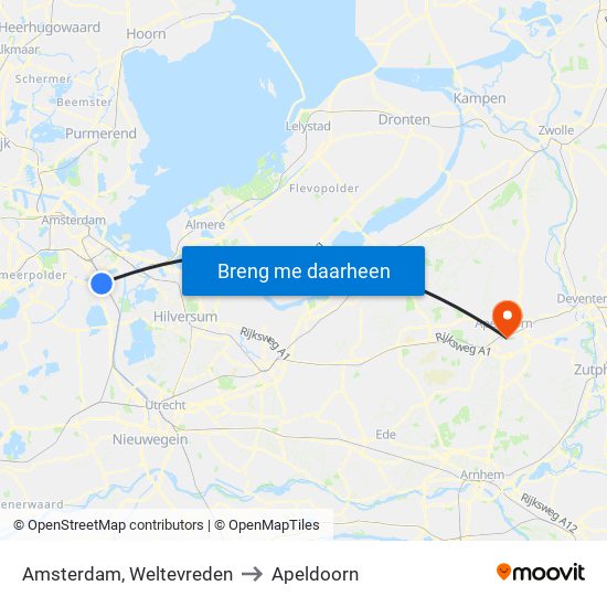 Amsterdam, Weltevreden to Apeldoorn map
