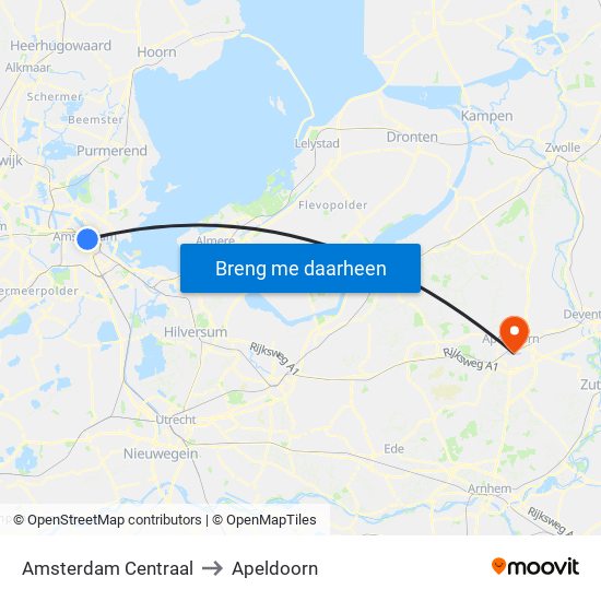 Amsterdam Centraal to Apeldoorn map