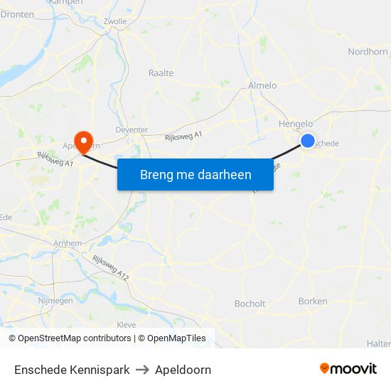 Enschede Kennispark to Apeldoorn map