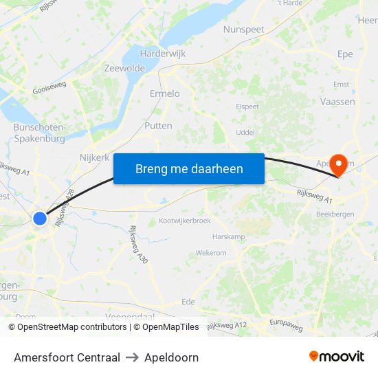 Amersfoort Centraal to Apeldoorn map
