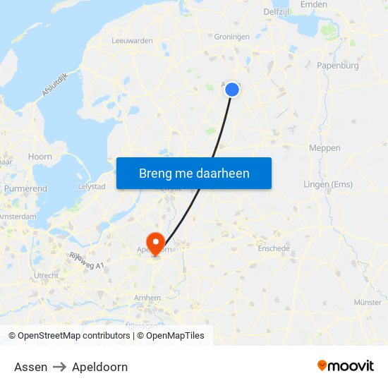 Assen to Apeldoorn map