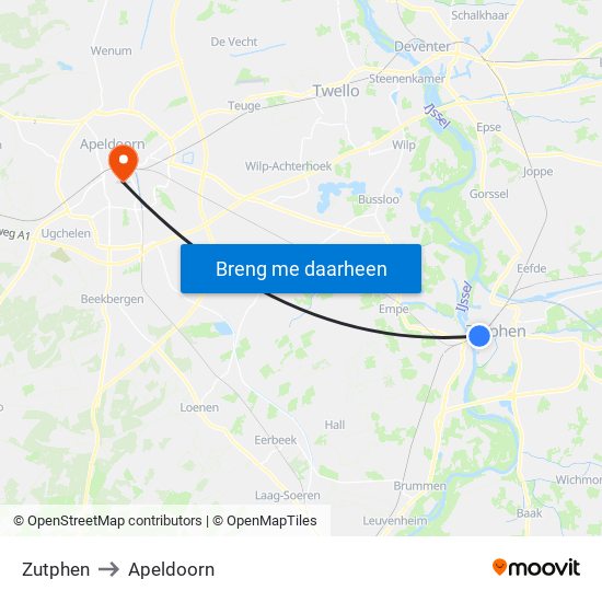 Zutphen to Apeldoorn map