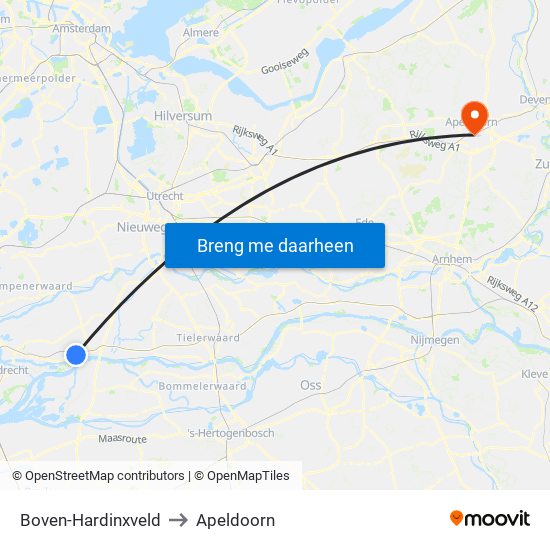 Boven-Hardinxveld to Apeldoorn map