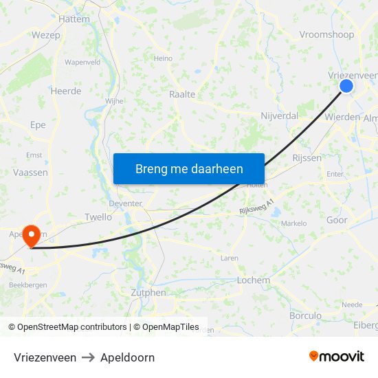 Vriezenveen to Apeldoorn map