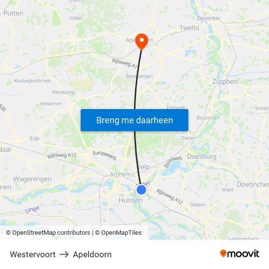Westervoort to Apeldoorn map