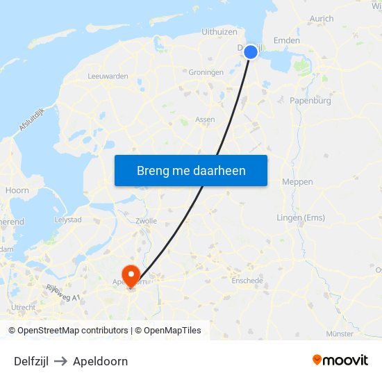 Delfzijl to Apeldoorn map