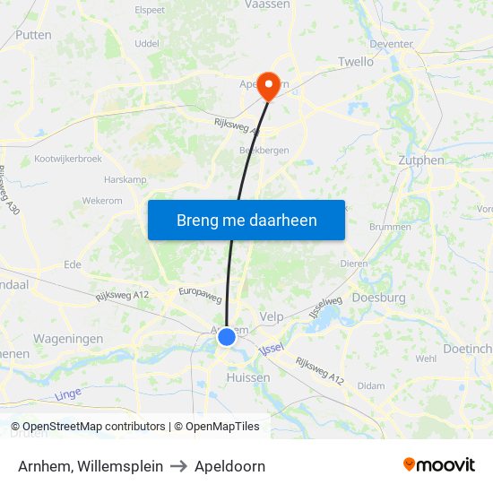 Arnhem, Willemsplein to Apeldoorn map