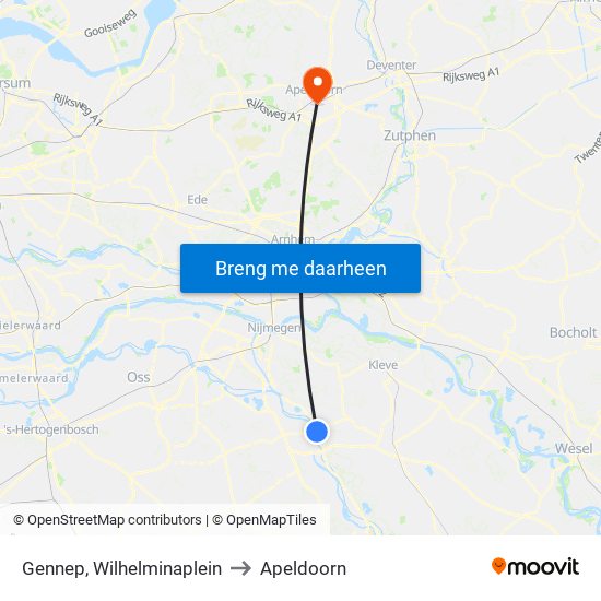 Gennep, Wilhelminaplein to Apeldoorn map