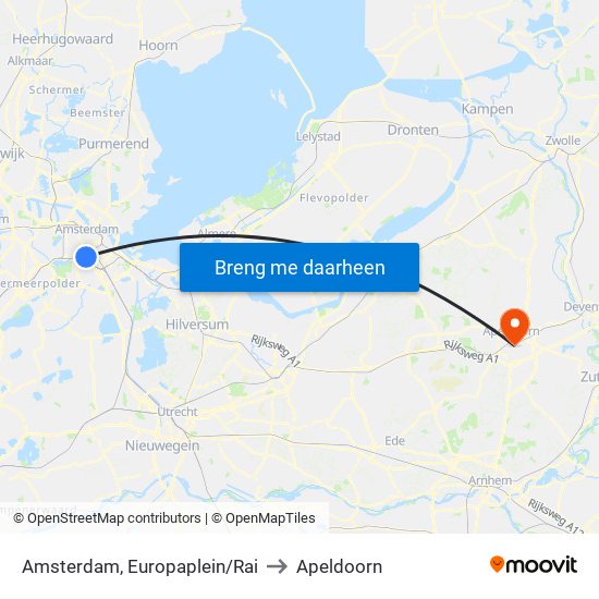 Amsterdam, Europaplein/Rai to Apeldoorn map