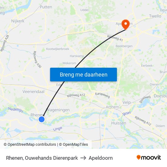 Rhenen, Ouwehands Dierenpark to Apeldoorn map