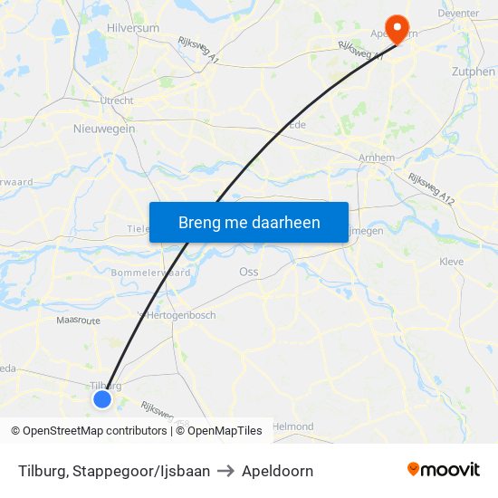 Tilburg, Stappegoor/Ijsbaan to Apeldoorn map