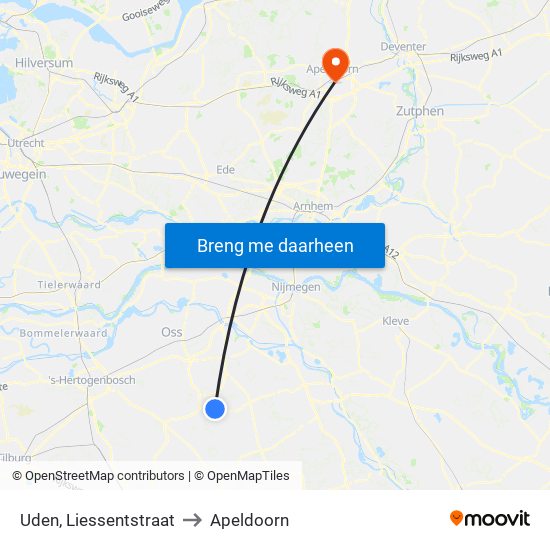 Uden, Liessentstraat to Apeldoorn map
