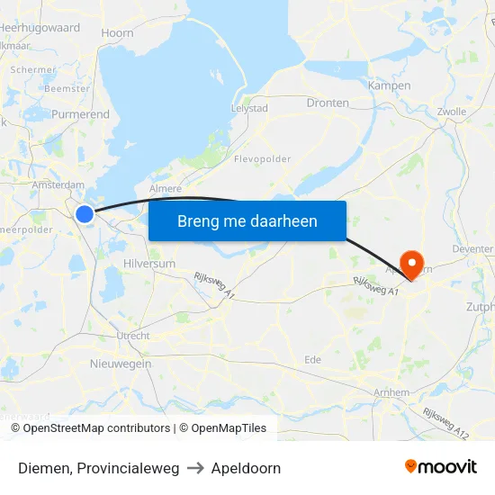 Diemen, Provincialeweg to Apeldoorn map