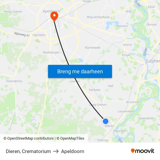 Dieren, Crematorium to Apeldoorn map