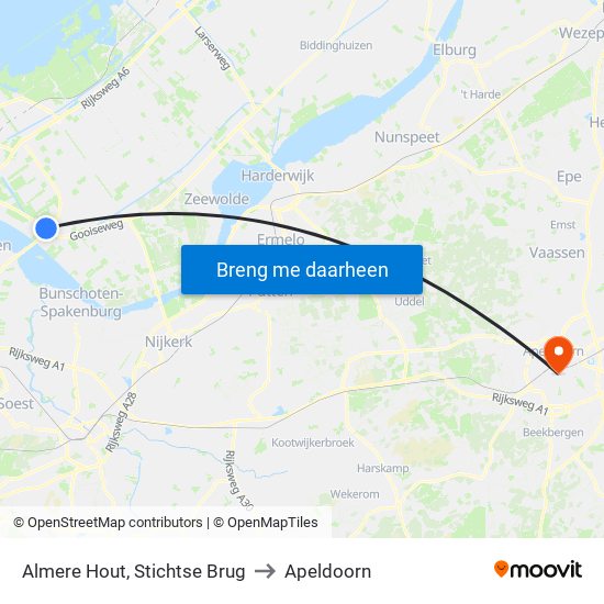 Almere Hout, Stichtse Brug to Apeldoorn map