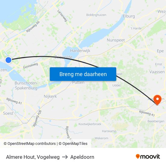 Almere Hout, Vogelweg to Apeldoorn map