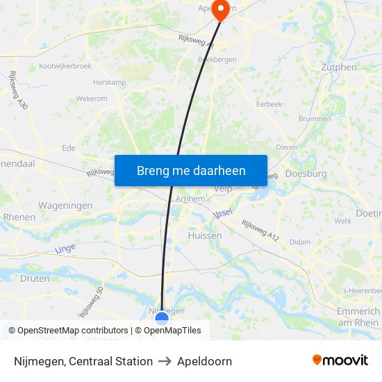 Nijmegen, Centraal Station to Apeldoorn map