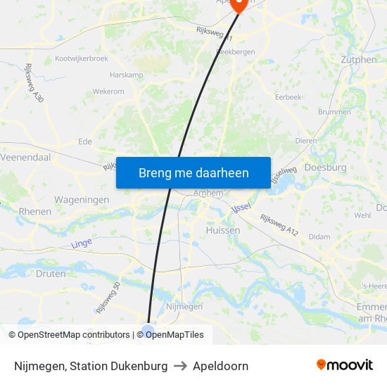 Nijmegen, Station Dukenburg to Apeldoorn map