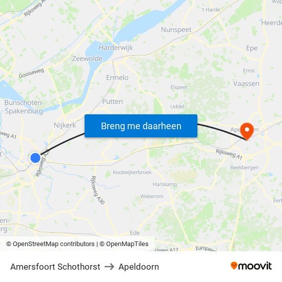 Amersfoort Schothorst to Apeldoorn map