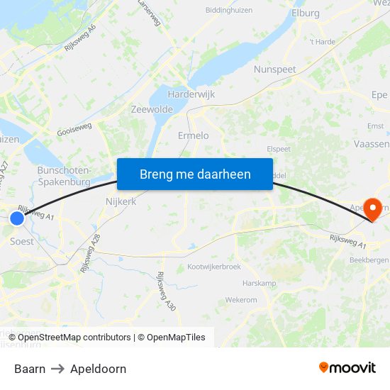 Baarn to Apeldoorn map