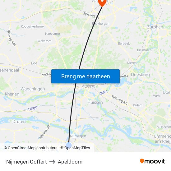 Nijmegen Goffert to Apeldoorn map