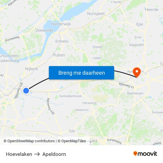 Hoevelaken to Apeldoorn map