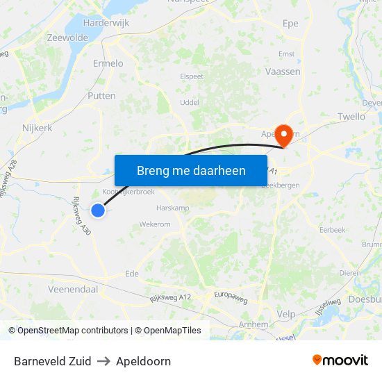 Barneveld Zuid to Apeldoorn map