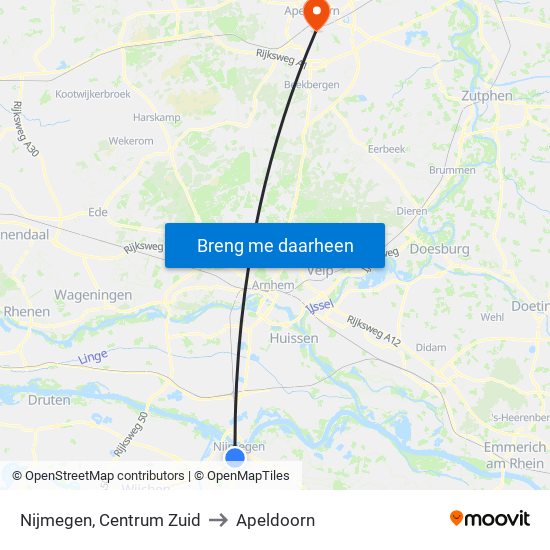 Nijmegen, Centrum Zuid to Apeldoorn map