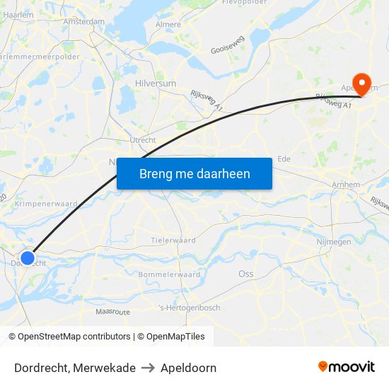 Dordrecht, Merwekade to Apeldoorn map